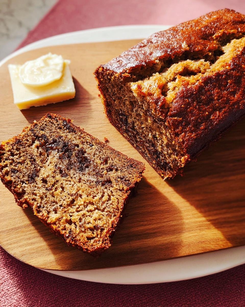 A slice of The World's Best Banana Bread Recipe next to the loaf, with a pat of butter on a wooden board.