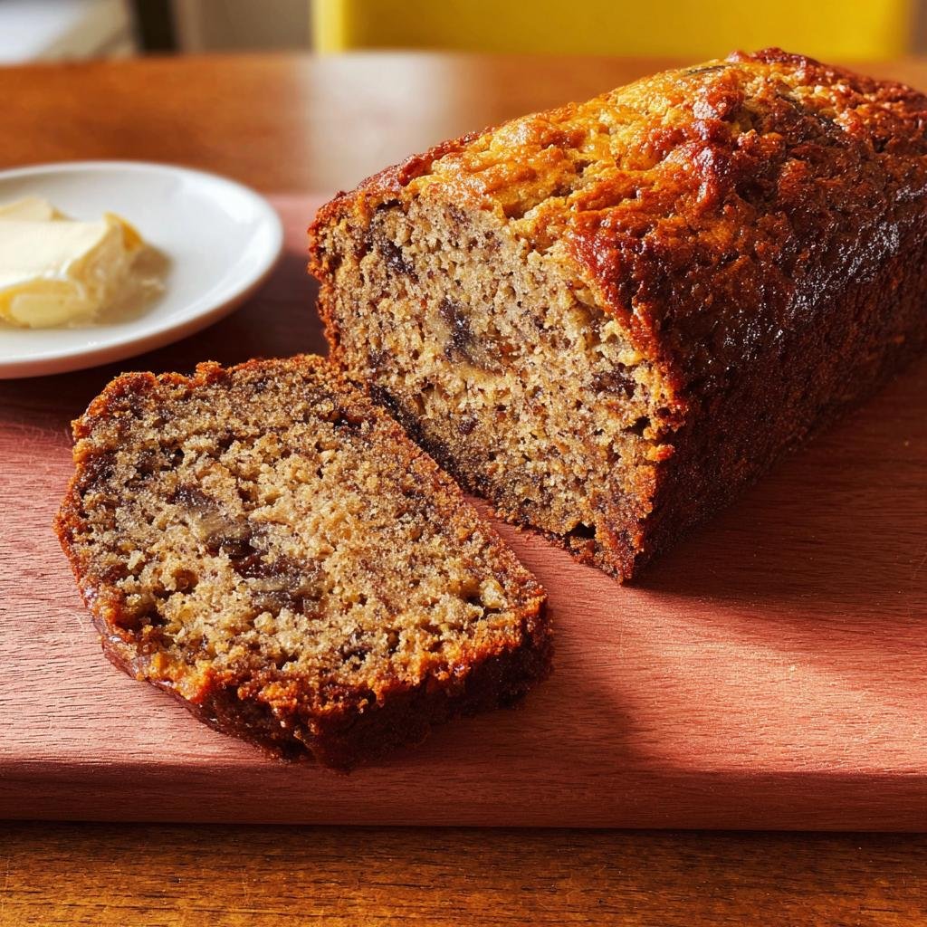 A slice of The World's Best Banana Bread Recipe, moist and golden brown, with a pat of butter on the side.