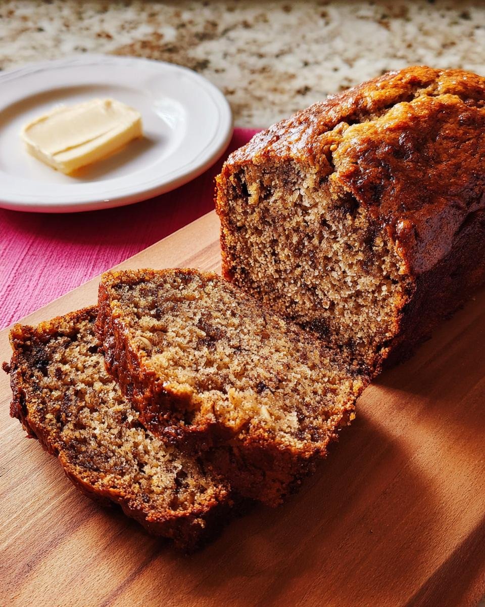 Two slices of The World's Best Banana Bread Recipe on a wooden board with a pat of butter on a plate.