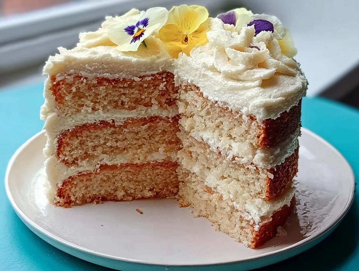 A slice of a three-layer vanilla cake with white frosting, decorated with edible flowers. Wow Guests with 30 Cake Ideas.