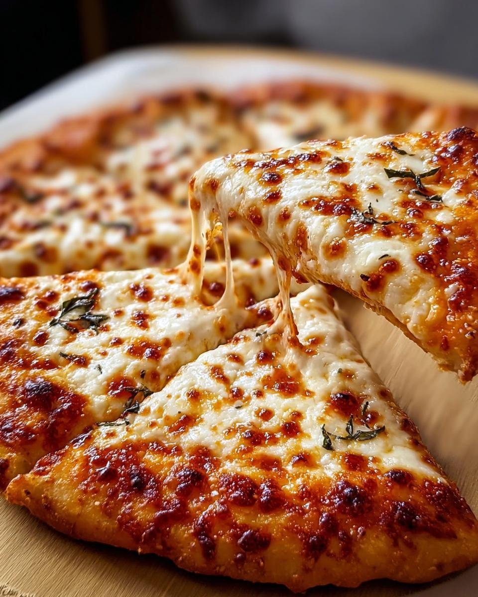 A slice of 3-Ingredient Cottage Cheese Pizza is lifted, showing strings of melted cheese and a golden crust with basil.