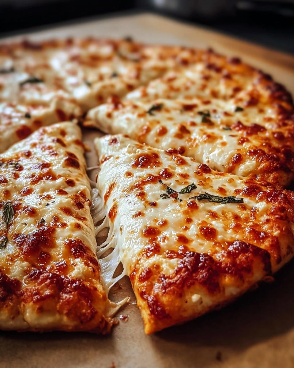 Close-up of a 3-Ingredient Cottage Cheese Pizza, with melted mozzarella stretching from a slice.