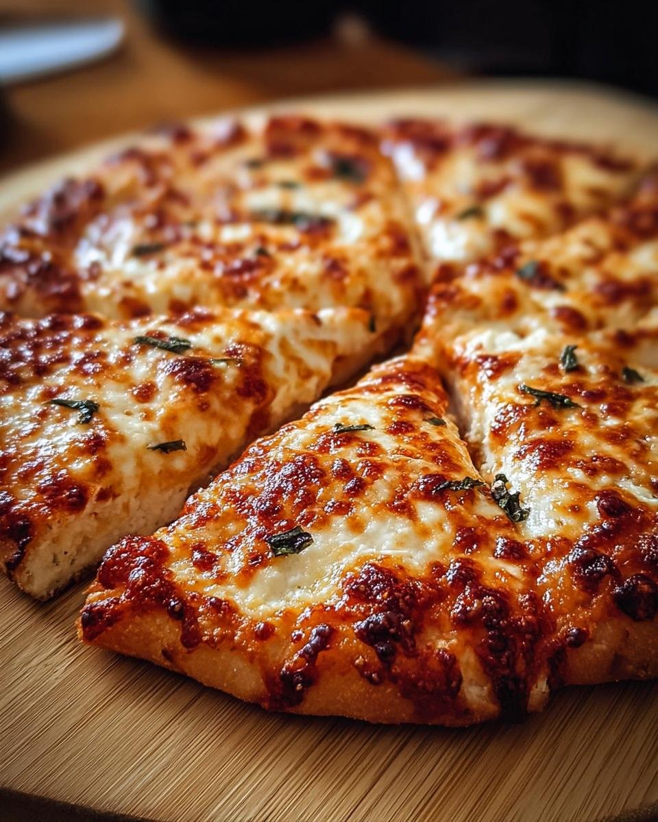 A delicious close-up of a 3-ingredient cottage cheese pizza, sliced and ready to eat, with melted cheese and herbs.