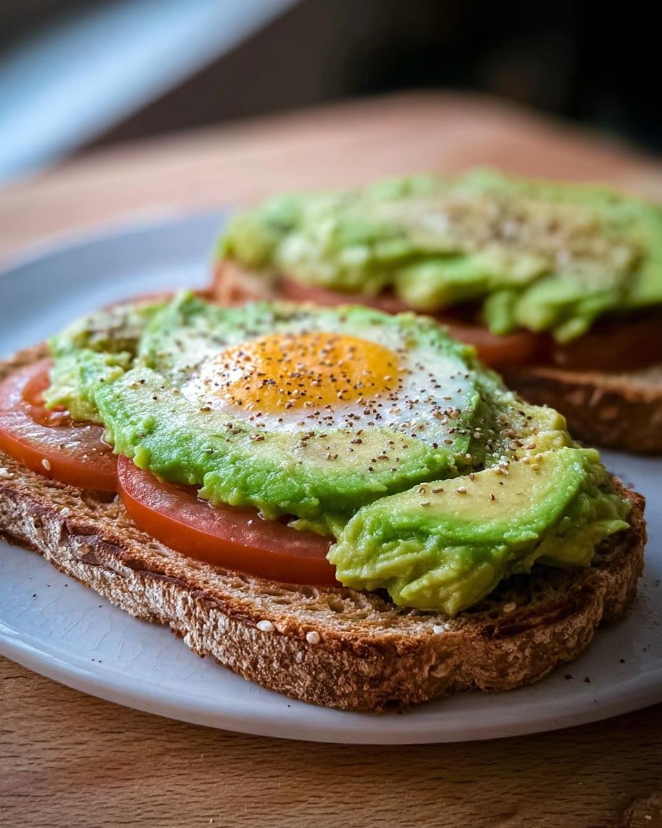 Close-up of a 5-minute healthy breakfast toast with avocado, tomato, and a fried egg, seasoned with pepper.