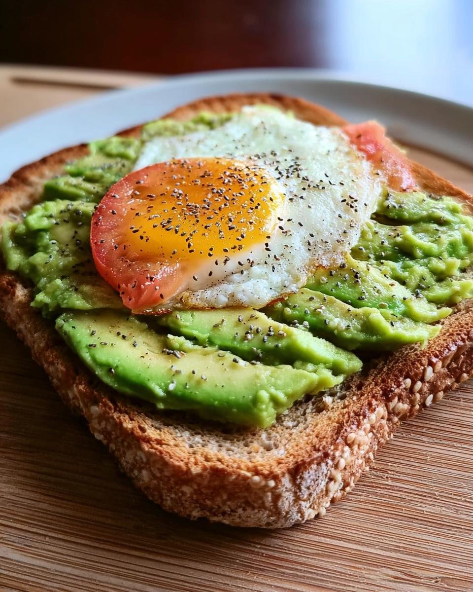 A slice of whole wheat toast topped with mashed avocado, sliced tomato, and a fried egg, seasoned with pepper. A perfect 5-minute healthy breakfast toast idea.