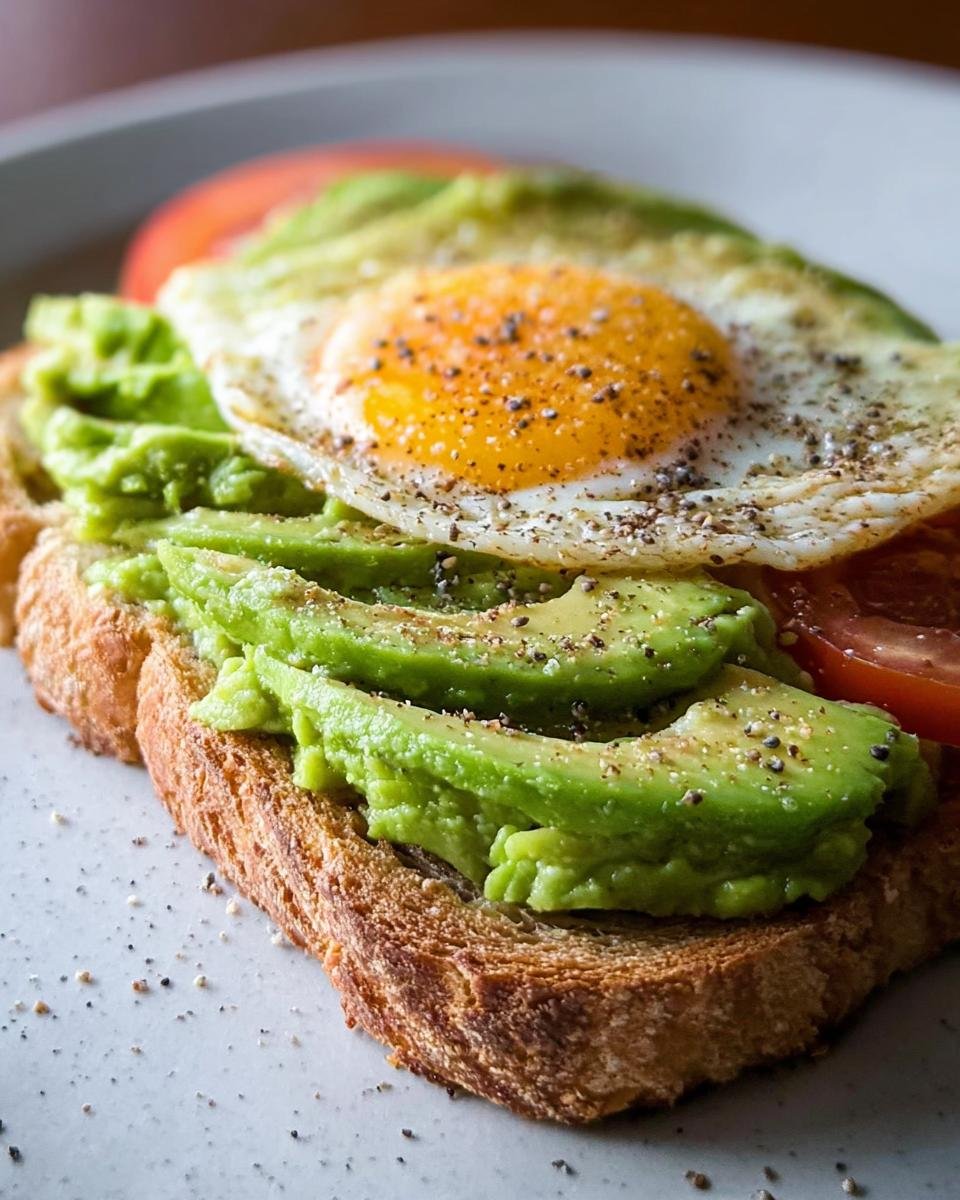 Close-up of a 5-minute healthy breakfast toast with sliced avocado, a fried egg, and tomato.