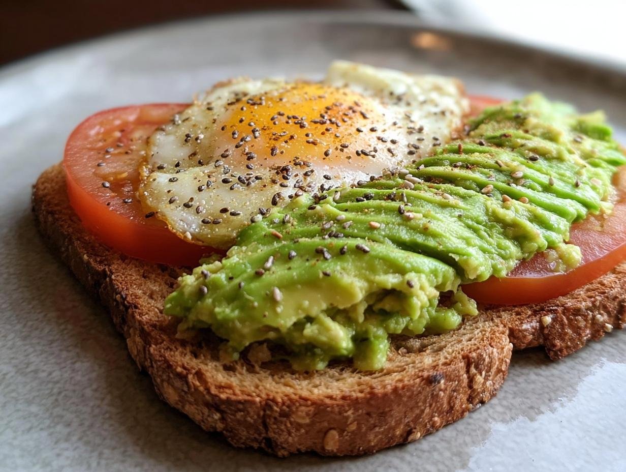 A slice of whole-wheat toast topped with tomato, a fried egg, and mashed avocado, sprinkled with chia seeds. A quick and healthy breakfast toast.