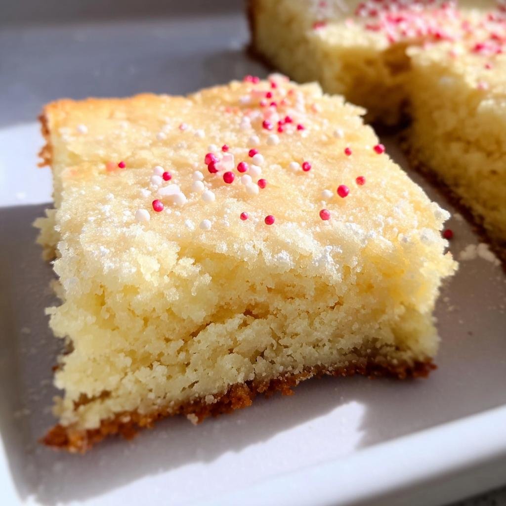Close-up of a slice of Almond Flour Sugar Cookie Bars topped with white frosting and colorful sprinkles.