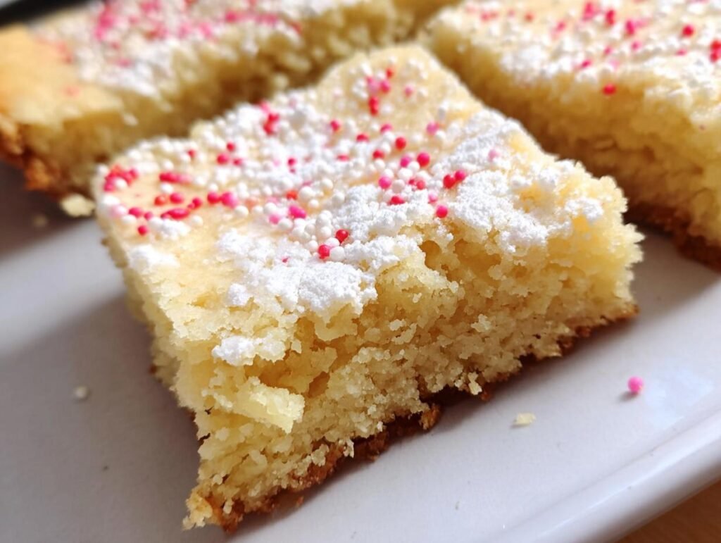Close-up of a slice of Almond Flour Sugar Cookie Bars topped with powdered sugar and festive sprinkles.