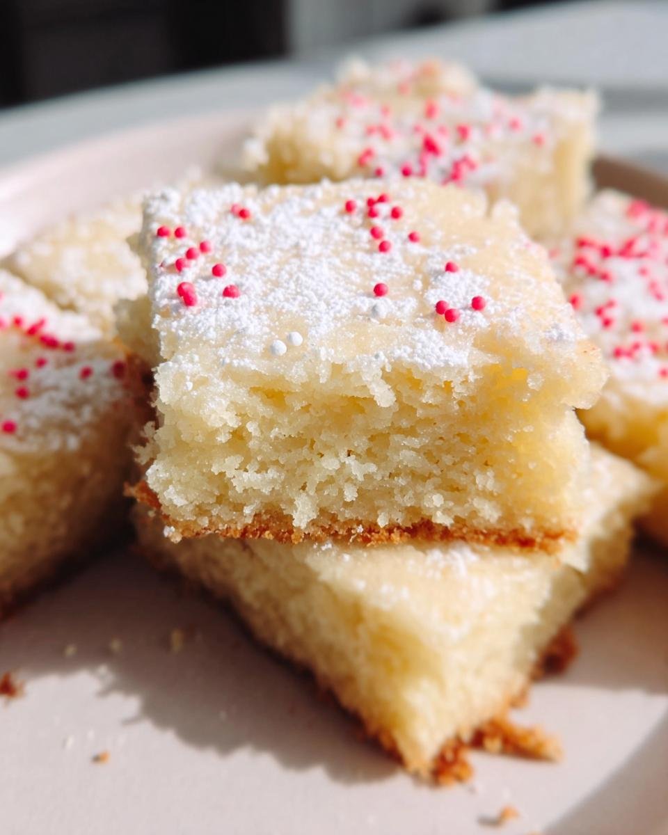 Close-up of stacked Almond Flour Sugar Cookie Bars, dusted with powdered sugar and red and white sprinkles.