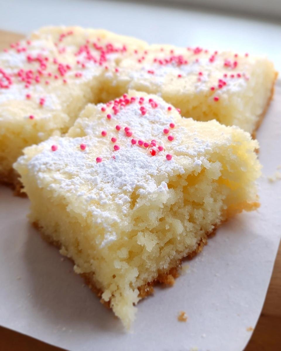 Close-up of Almond Flour Sugar Cookie Bars dusted with powdered sugar and pink sprinkles.