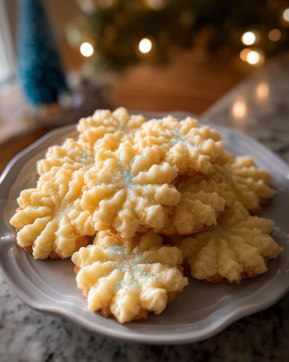 A close-up of a stack of delicate, snowflake-shaped Almond Vanilla Spritz Cookies, lightly dusted with blue sugar.