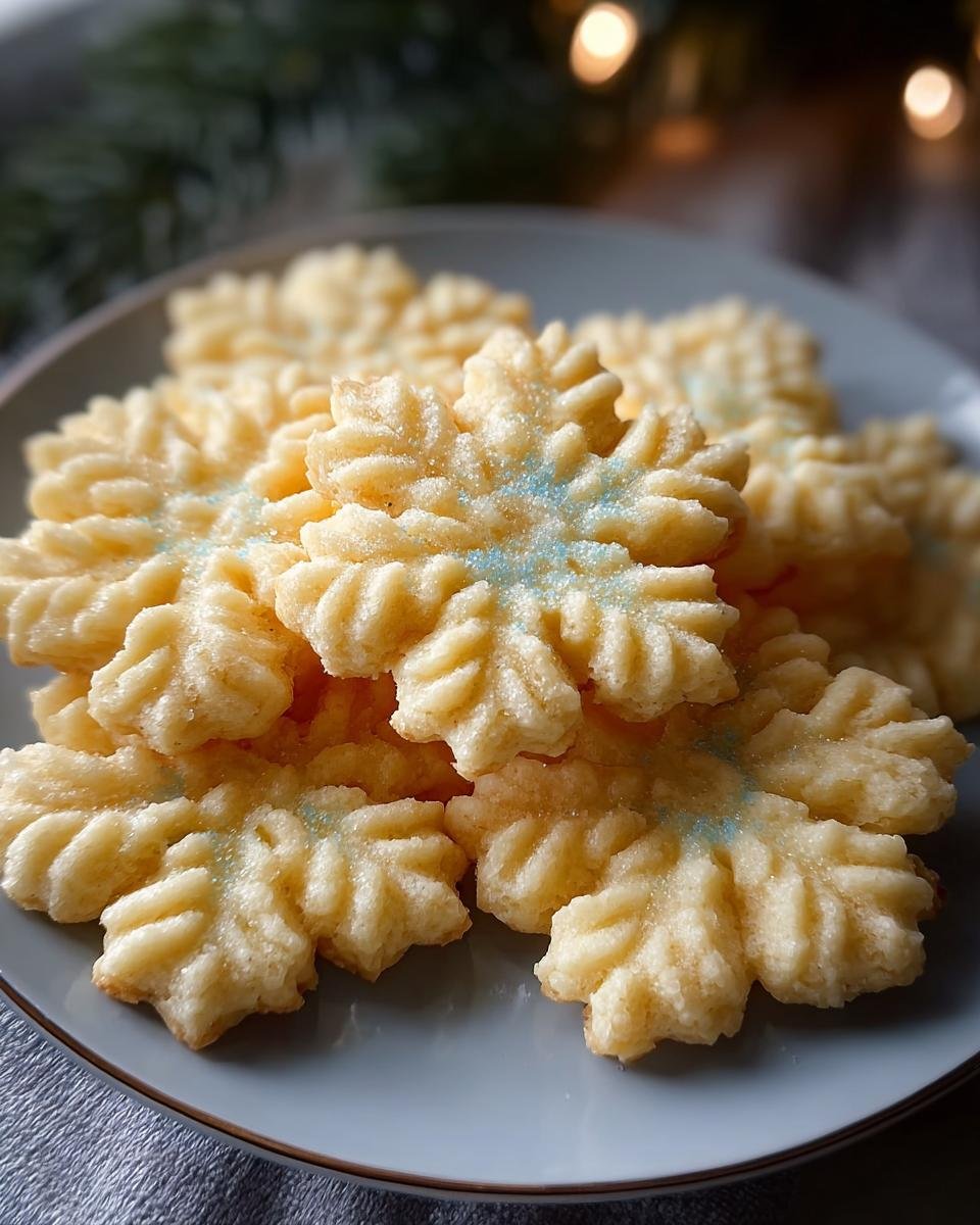 Close-up of delicate snowflake-shaped Almond Vanilla Spritz Cookies dusted with blue sugar.
