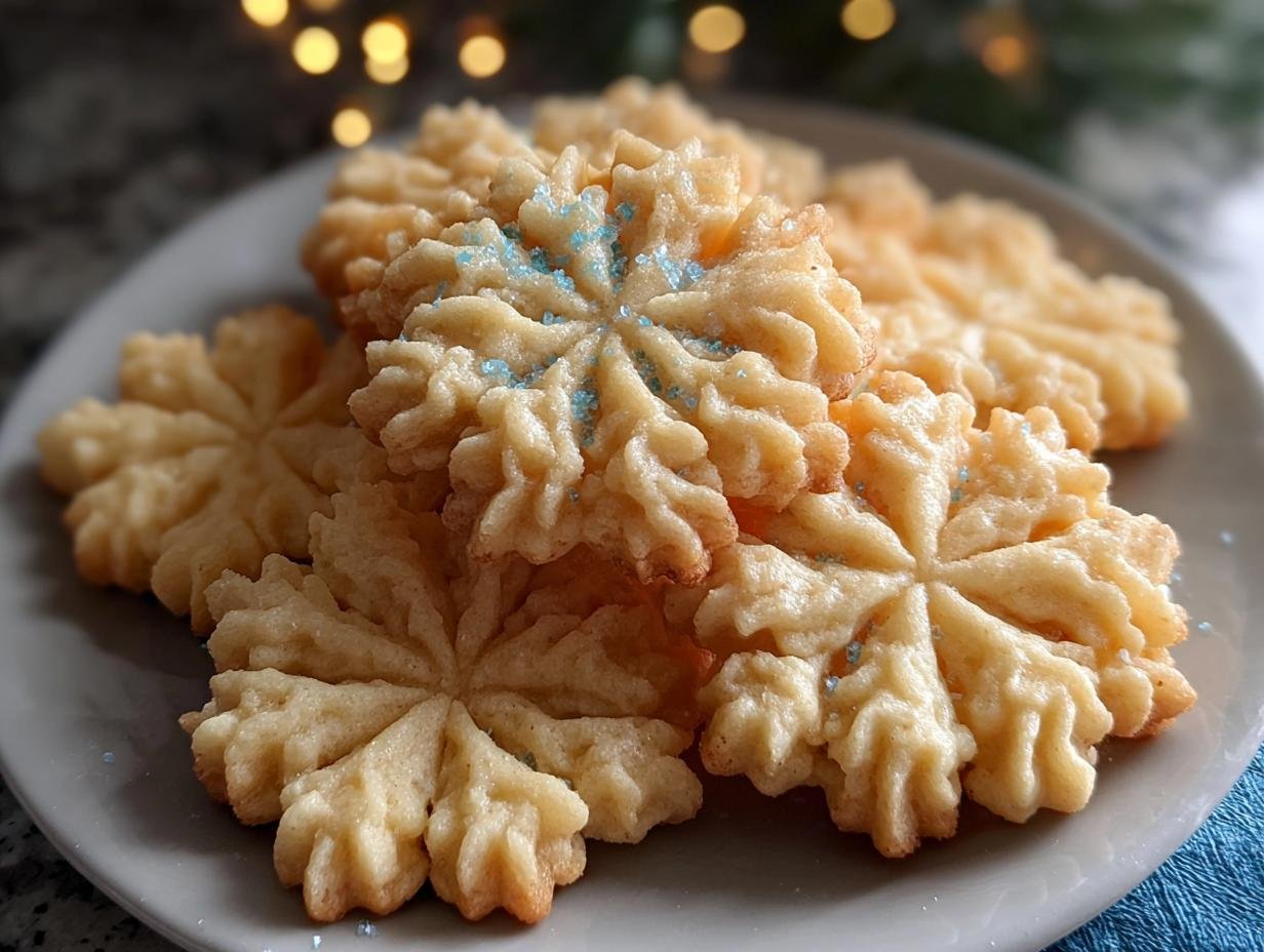 Close-up of delicate snowflake-shaped Almond Vanilla Spritz Cookies, lightly dusted with blue sugar.