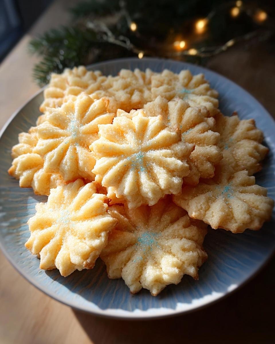A close-up of several star-shaped Almond Vanilla Spritz Cookies dusted with blue sugar on a blue plate.