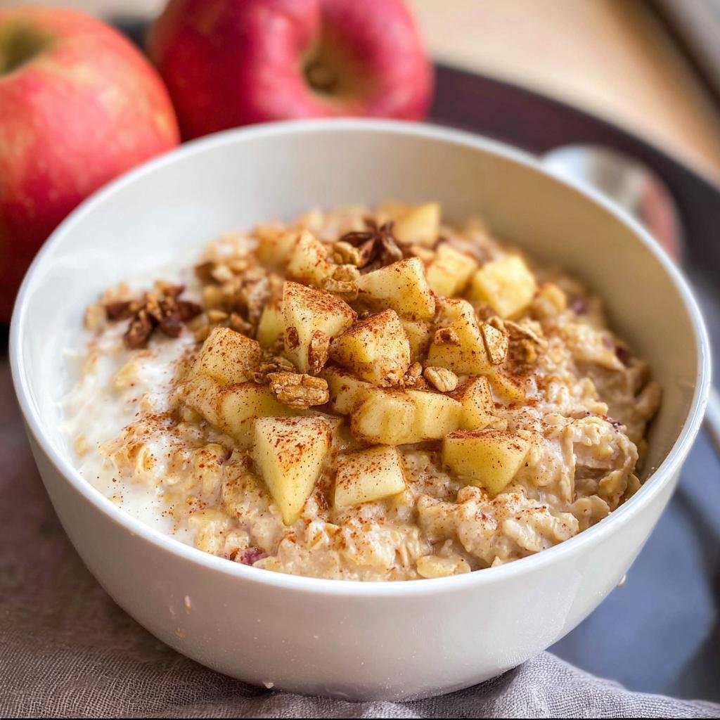 A close-up of a bowl of Apple Cinnamon Healthy Oatmeal topped with diced apples, cinnamon, and nuts.