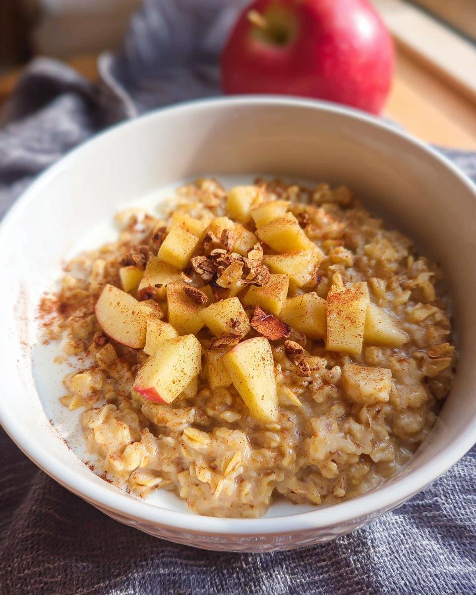 A close-up of a bowl of Apple Cinnamon Healthy Oatmeal topped with diced apples, granola, and cinnamon.