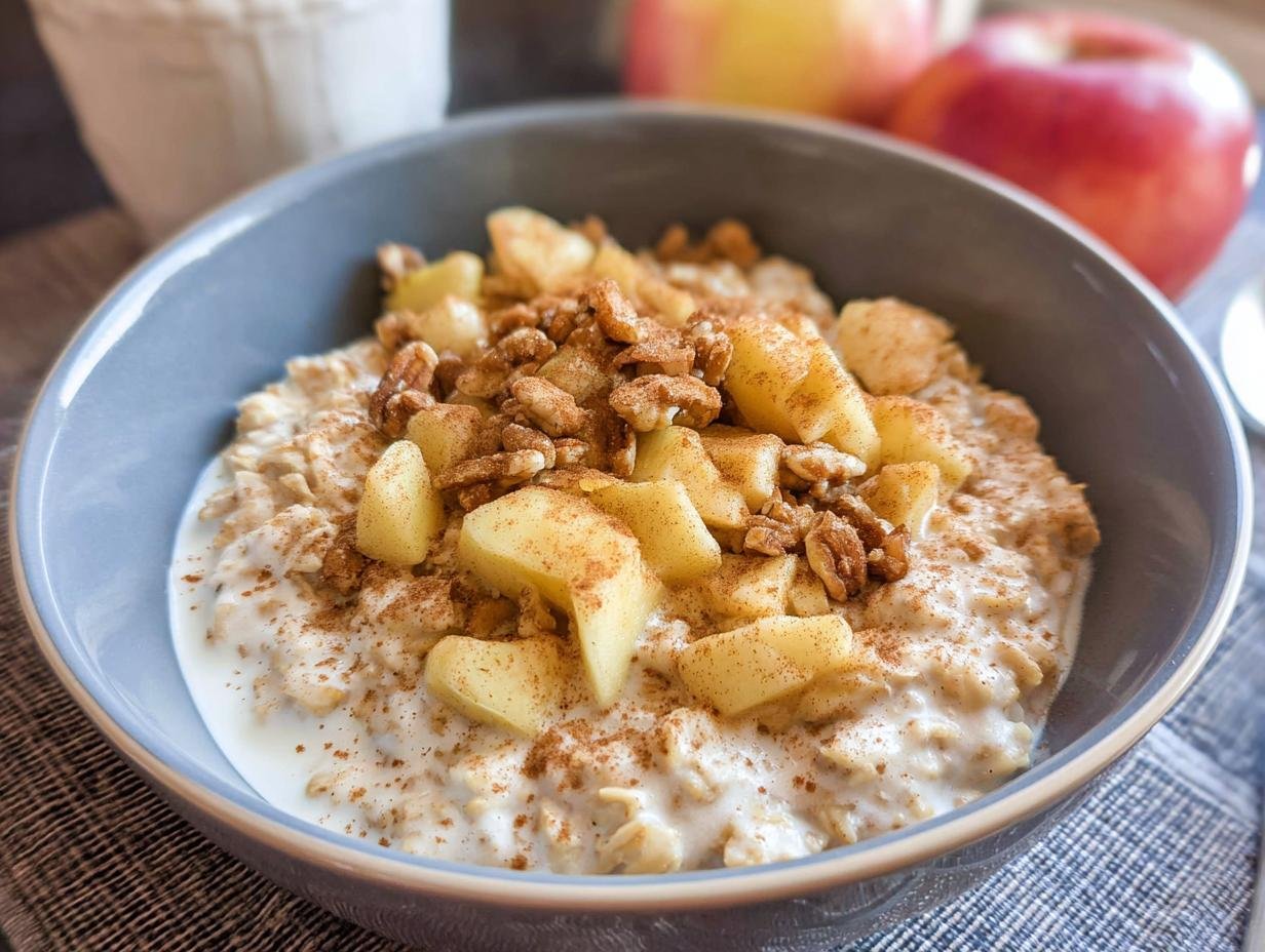 A close-up of a bowl of Apple Cinnamon Healthy Oatmeal topped with diced apples, walnuts, and cinnamon.