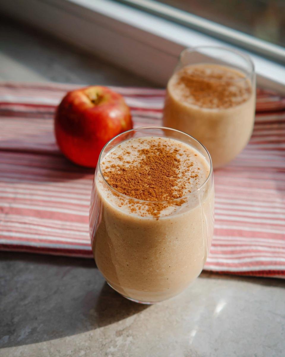 A close-up of a creamy Apple Cinnamon Smoothie in a glass, topped with cinnamon, with another smoothie and an apple in the background.