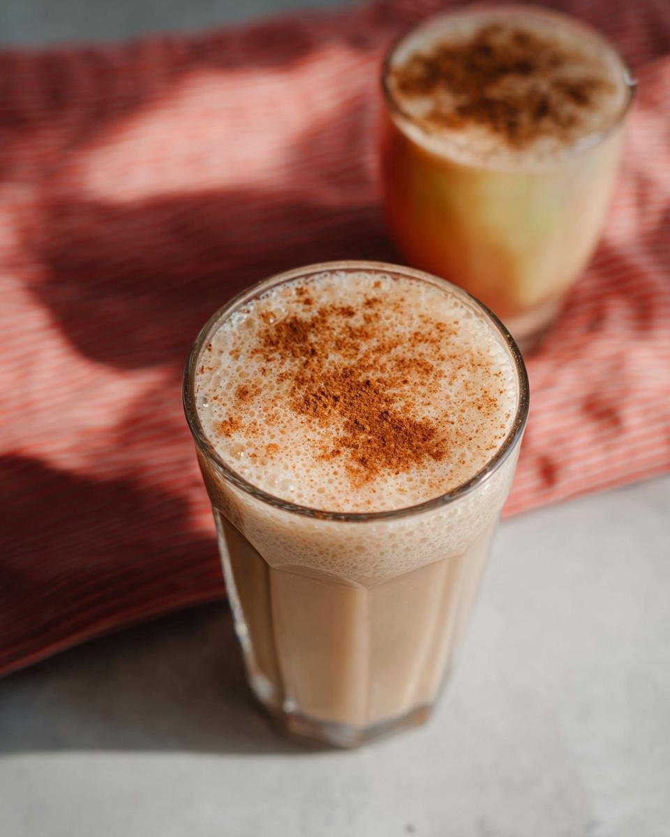 Two glasses of frothy Apple Cinnamon Smoothie, topped with cinnamon.