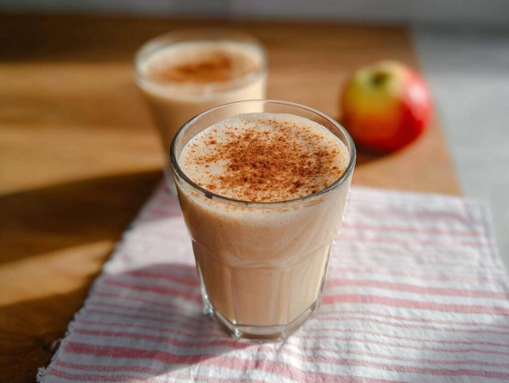 A close-up of a delicious Apple Cinnamon Smoothie topped with cinnamon, with another smoothie and an apple in the background.