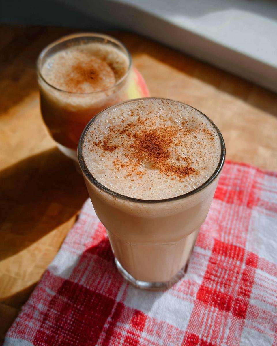 Two glasses of Apple Cinnamon Smoothie topped with cinnamon powder on a wooden table with a red and white checkered cloth.
