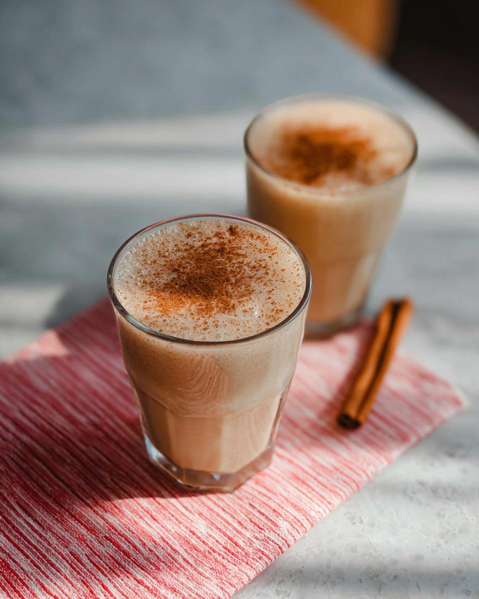 Two glasses of Apple Cinnamon Smoothie topped with cinnamon powder, served on a red striped napkin.