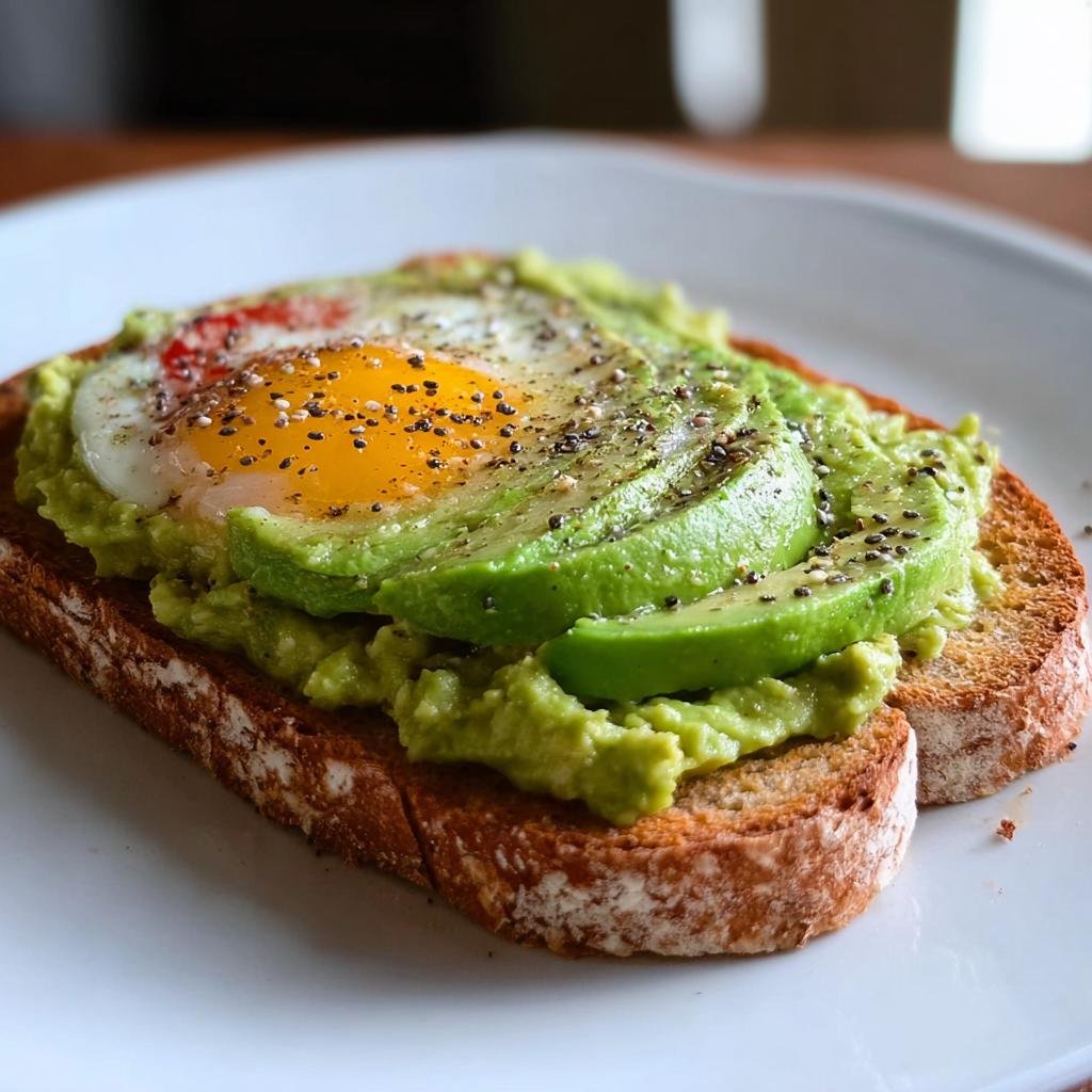 A close-up of avocado toast topped with a fried egg and seasoned with pepper, a perfect example of 5-Minute Healthy Breakfast Toast Ideas.