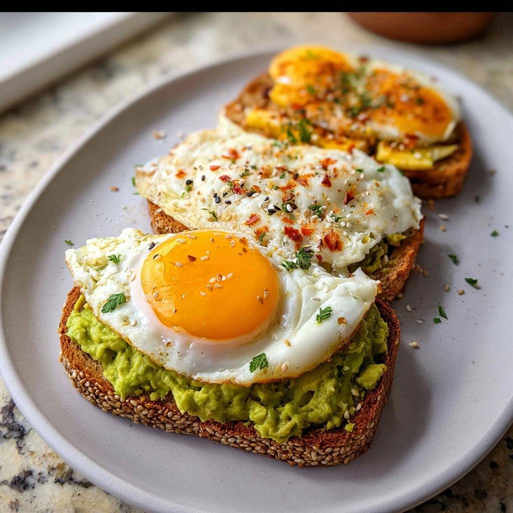 Three slices of avocado toast with egg and seeds, topped with chili flakes and parsley.
