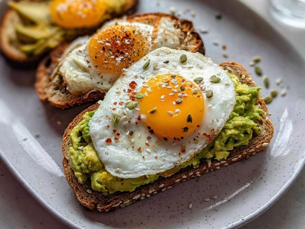 Close-up of delicious avocado toast with a fried egg and sprinkled seeds.