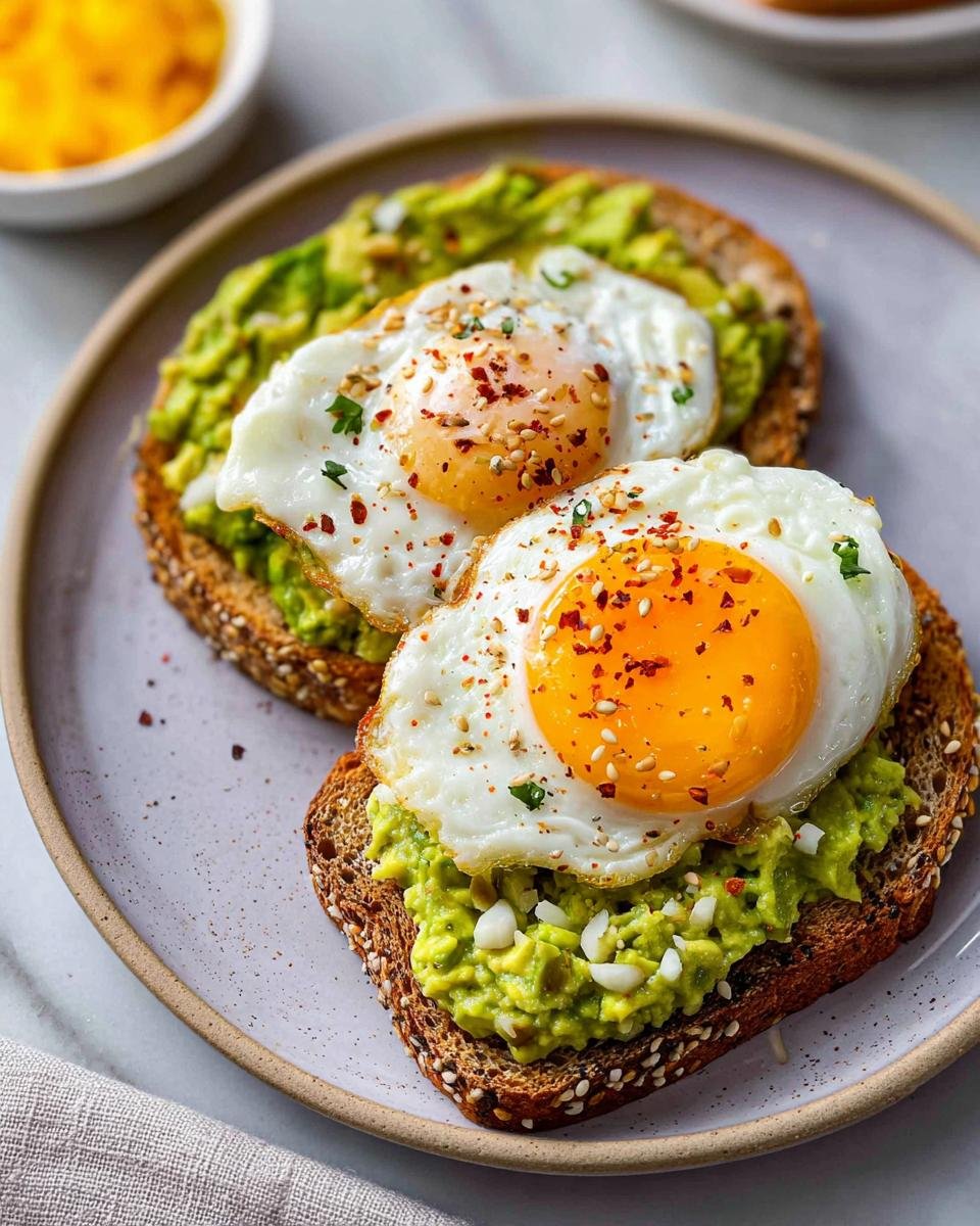 Two slices of whole-grain avocado toast with fried eggs and sprinkled seeds and chili flakes.
