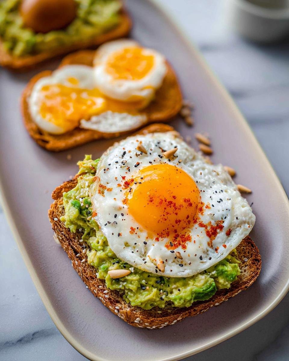 Close-up of delicious Avocado Toast with Egg & Seeds on a plate, featuring a perfectly fried egg and sprinkled seeds.