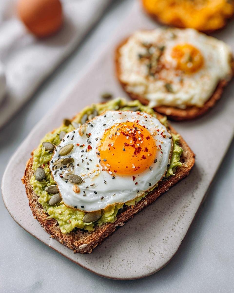 A close-up of avocado toast topped with a fried egg, black sesame seeds, pumpkin seeds, and chili flakes.