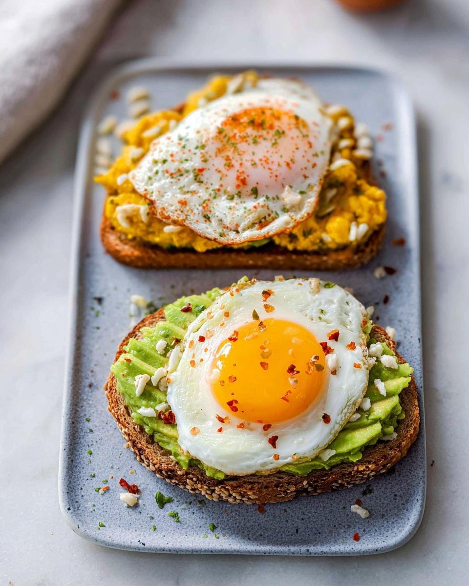 Two slices of avocado toast with egg and seeds, one with mashed avocado and the other with a yellow scrambled egg topping.