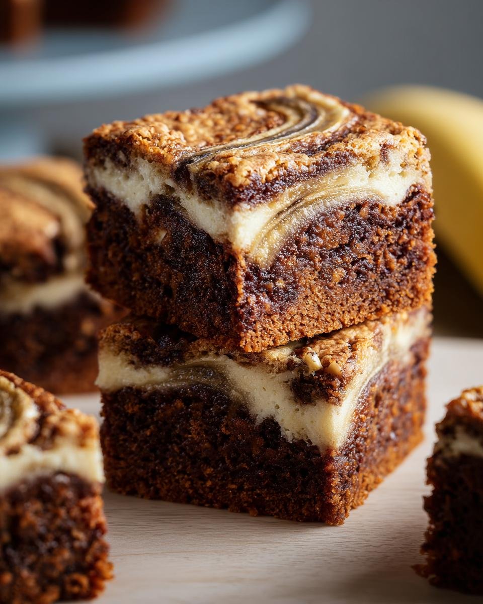 A stack of two moist Banana Bread Brownies with a swirled cream cheese topping and banana slices.