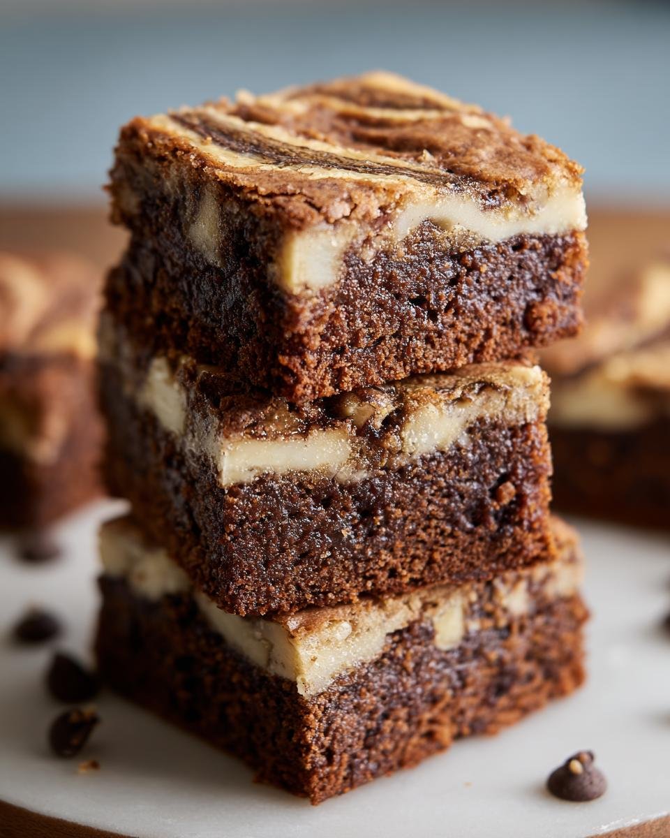 A stack of three moist Banana Bread Brownies with a marbled swirl on top and chunks of banana throughout.