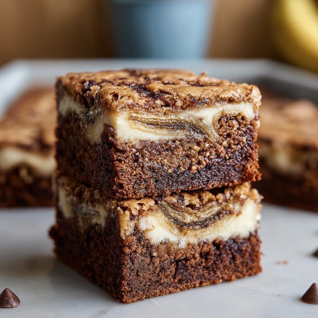 A close-up of two stacked Banana Bread Brownies, showcasing the rich chocolate brownie base and creamy banana swirl.
