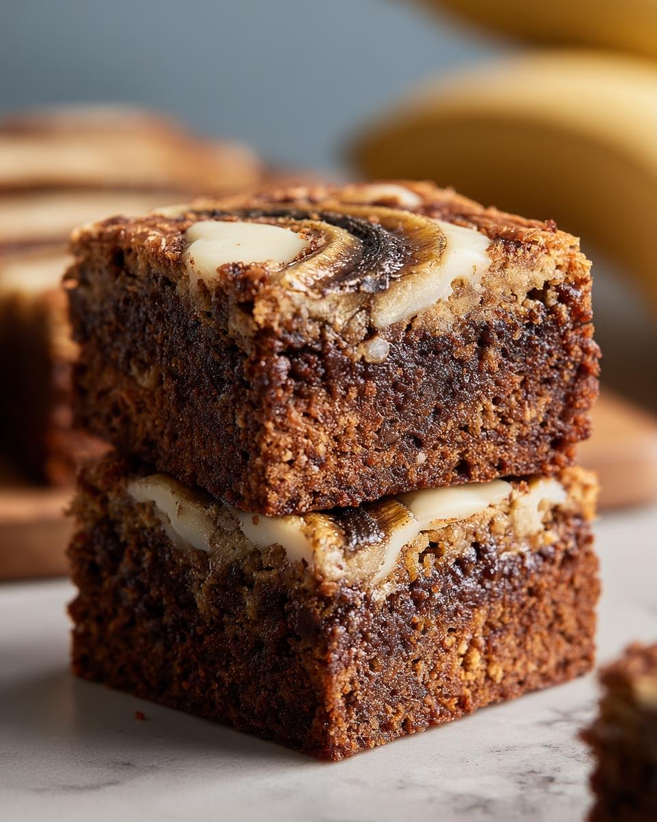 A close-up shot of two stacked Banana Bread Brownies, topped with swirled cream cheese and banana slices.