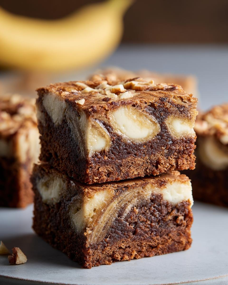 Two delicious Banana Bread Brownies stacked on top of each other, with visible banana slices and nuts.