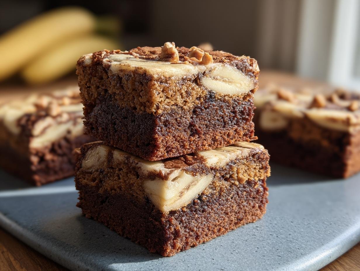 Two rich chocolate Banana Bread Brownies stacked on a gray surface, with sliced bananas and nuts visible.