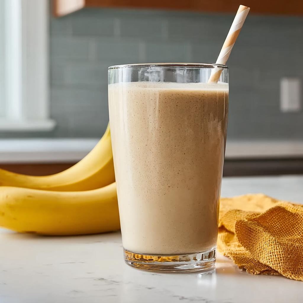 A tall glass filled with a creamy Banana Peanut Butter Smoothie, with a striped straw and bananas in the background.