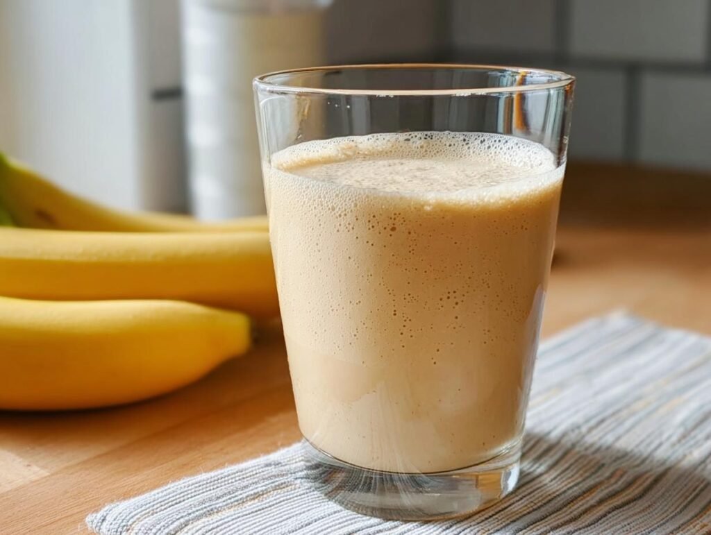 A tall glass filled with a creamy Banana Peanut Butter Smoothie, with bananas in the background.
