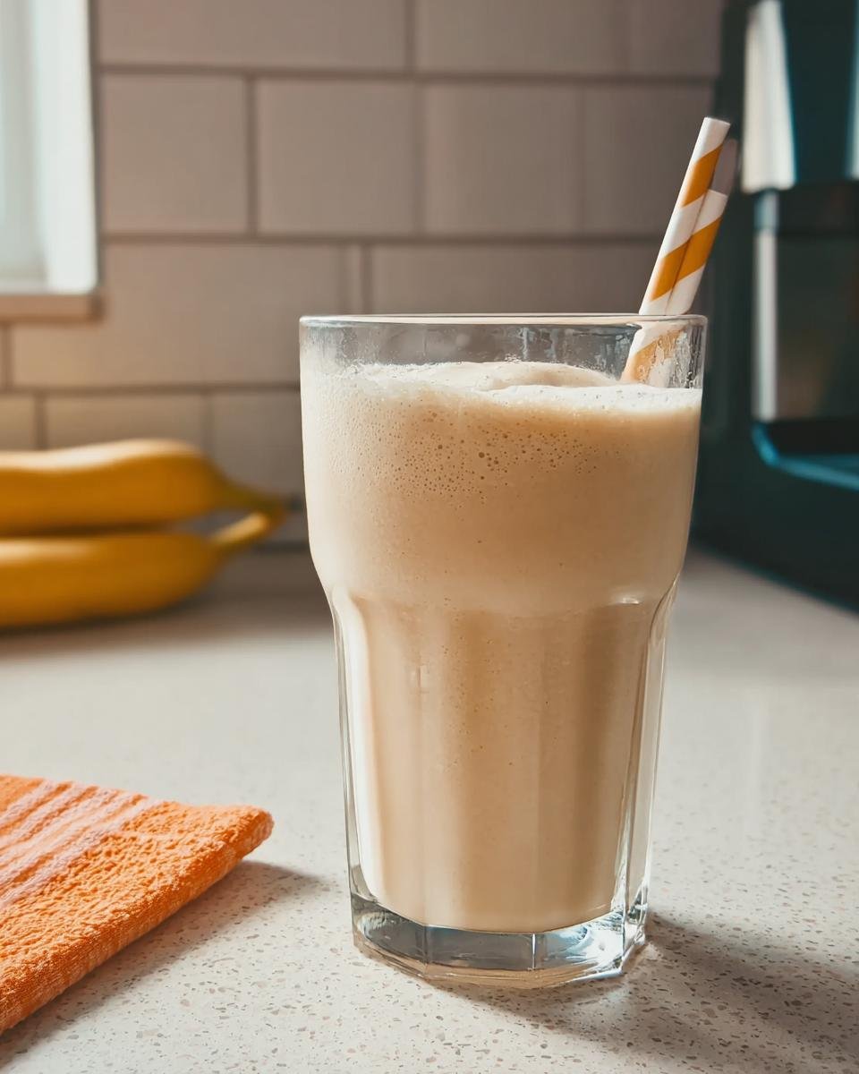 A tall glass filled with a creamy Banana Peanut Butter Smoothie, topped with foam and a striped straw.