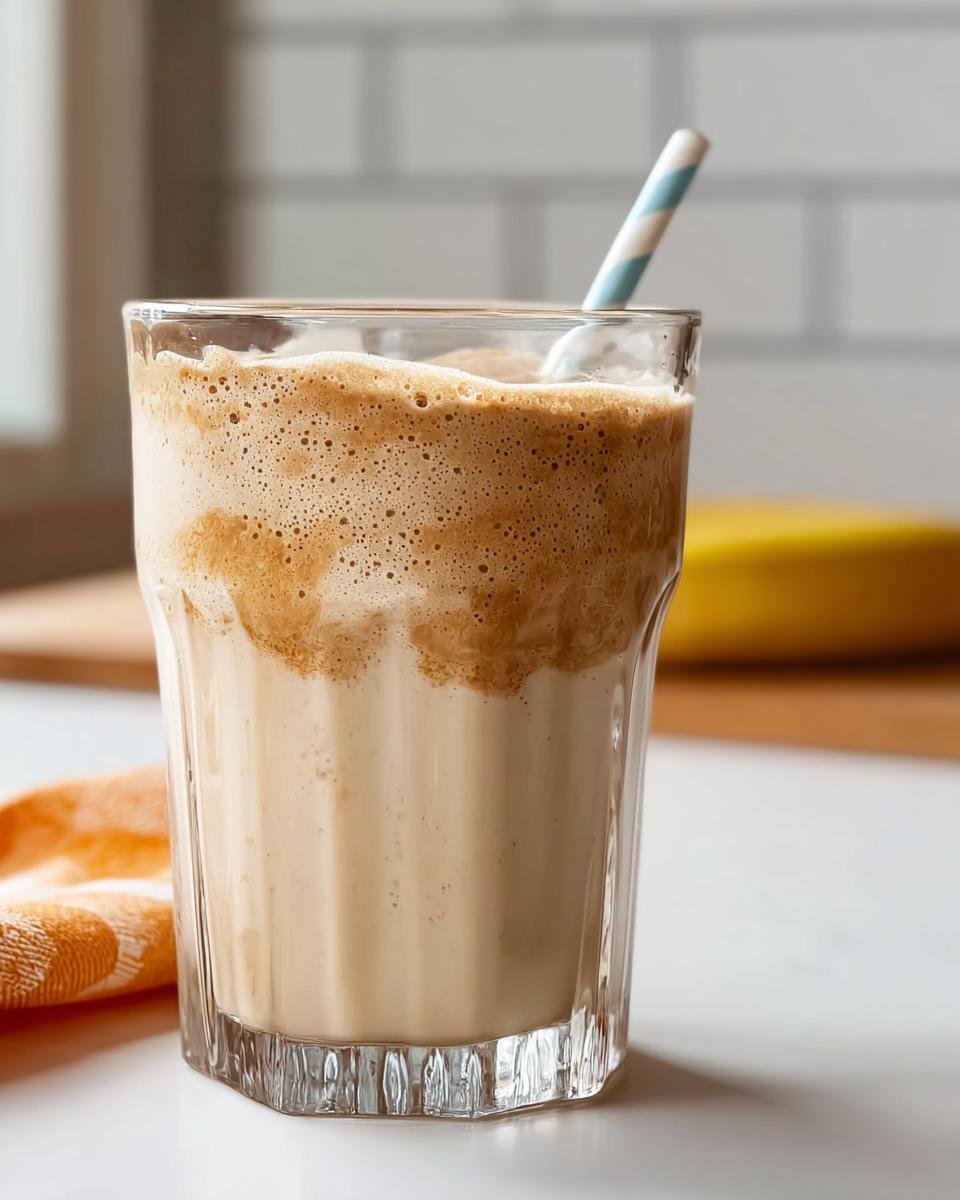 A refreshing Banana Peanut Butter Smoothie in a glass with a striped straw and foamy top.