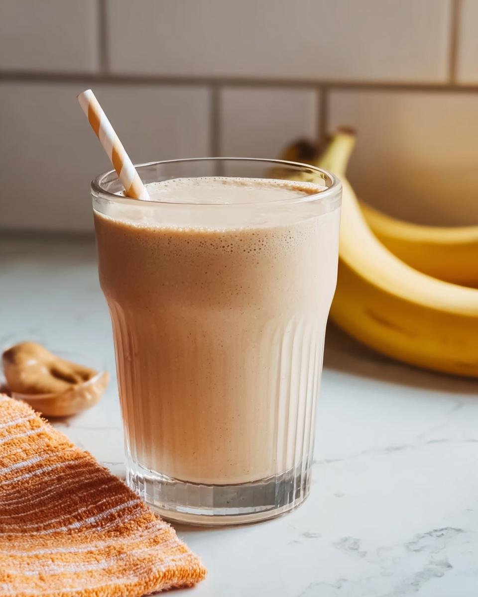 A tall glass filled with a creamy Banana Peanut Butter Smoothie, complete with a striped straw. Bananas and peanut butter are visible in the background.