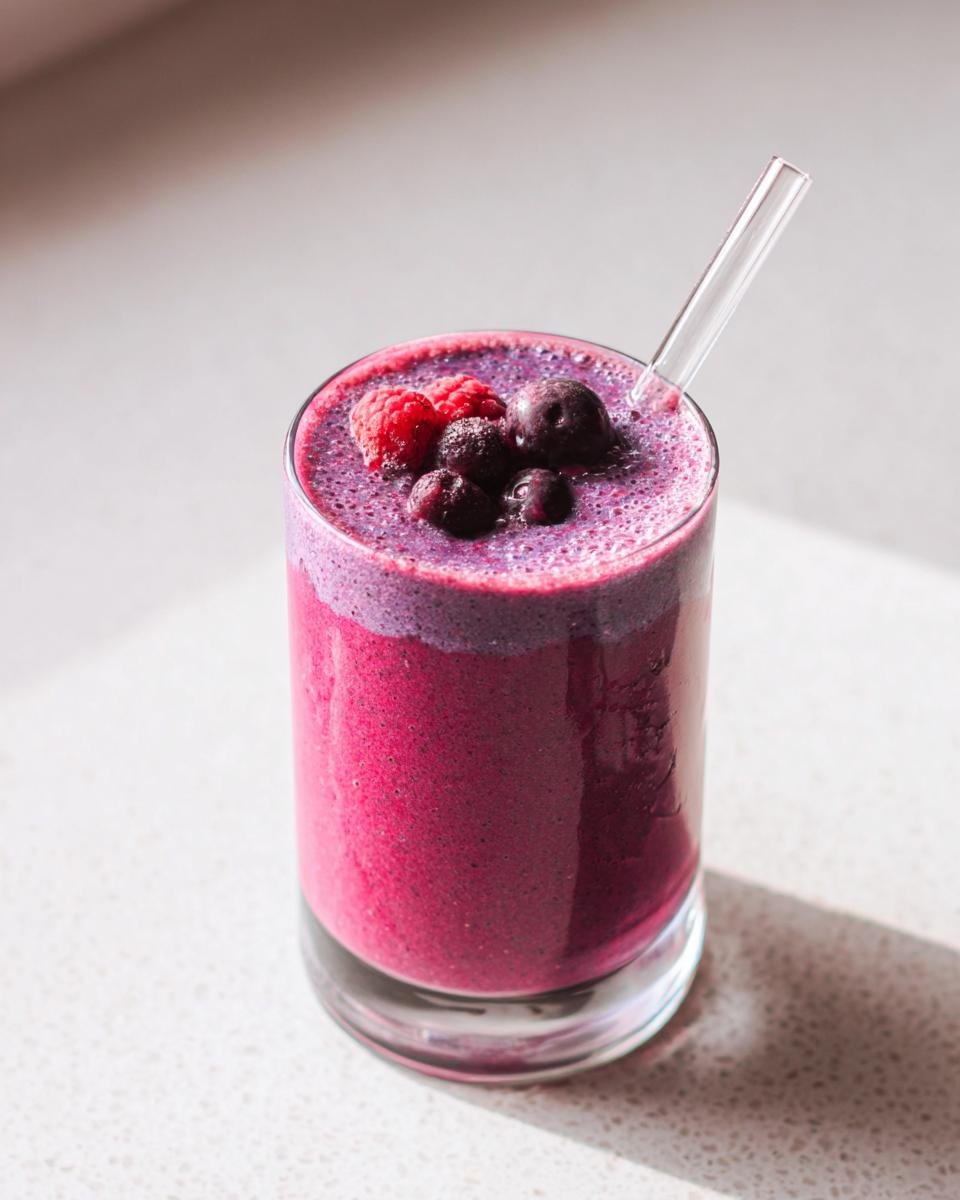A vibrant Berry Protein Smoothie in a glass, topped with fresh raspberries and blueberries, with a glass straw.