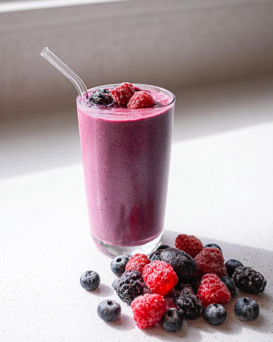 A refreshing Berry Protein Smoothie in a glass, topped with berries and a straw, with a pile of mixed berries beside it.