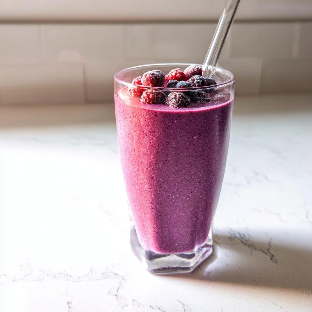 A vibrant Berry Protein Smoothie in a glass, topped with fresh raspberries and blueberries, ready to be enjoyed.