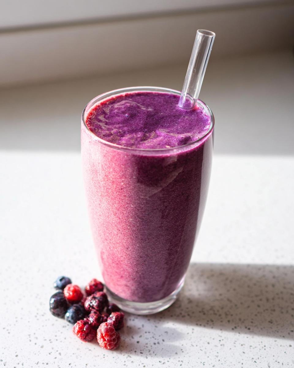 A tall glass of vibrant Berry Protein Smoothie with a glass straw, next to a small pile of fresh blueberries and raspberries.
