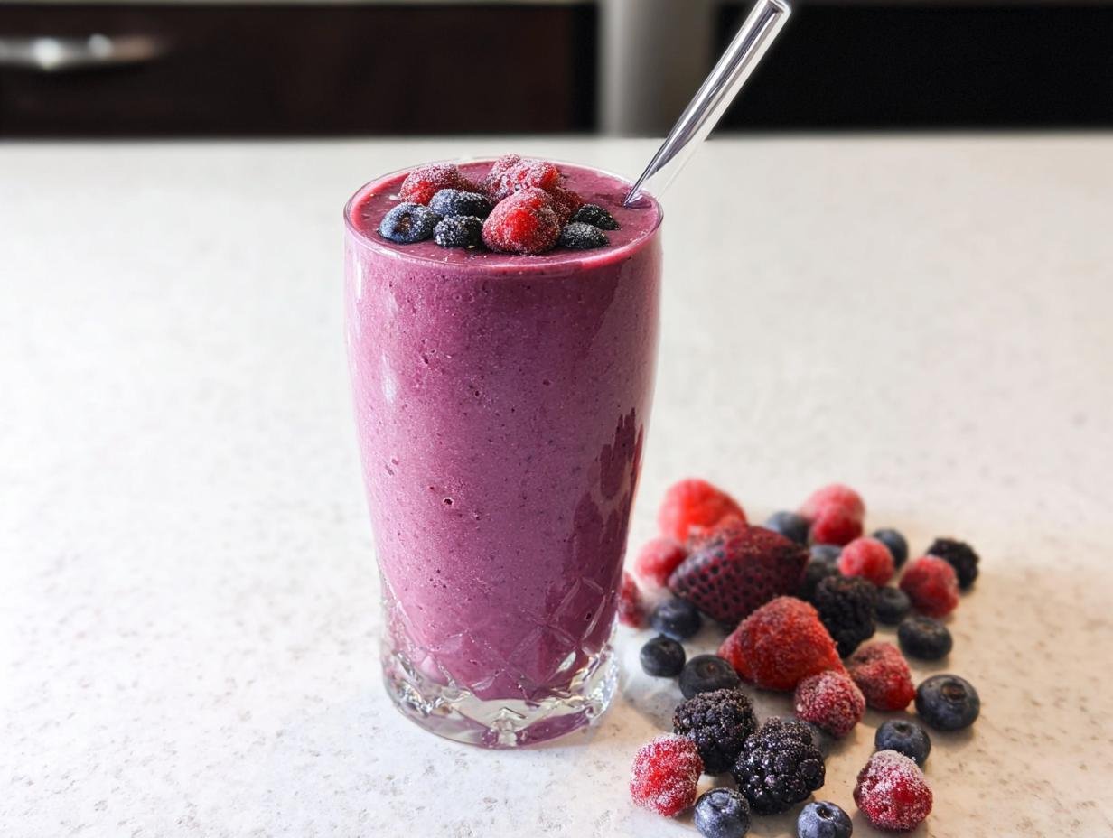 A tall glass of vibrant purple Berry Protein Smoothie topped with fresh berries and a straw.